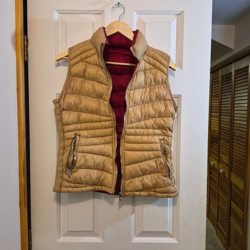 Snobbish Collection Reversible Puffer Vest Tan Burgundy Red Womens Medium M